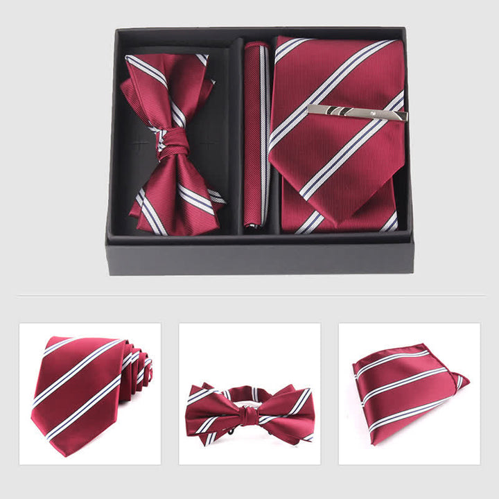 3Pcs Men's Burgundy Series Pocket Square Necktie Bow Tie Set