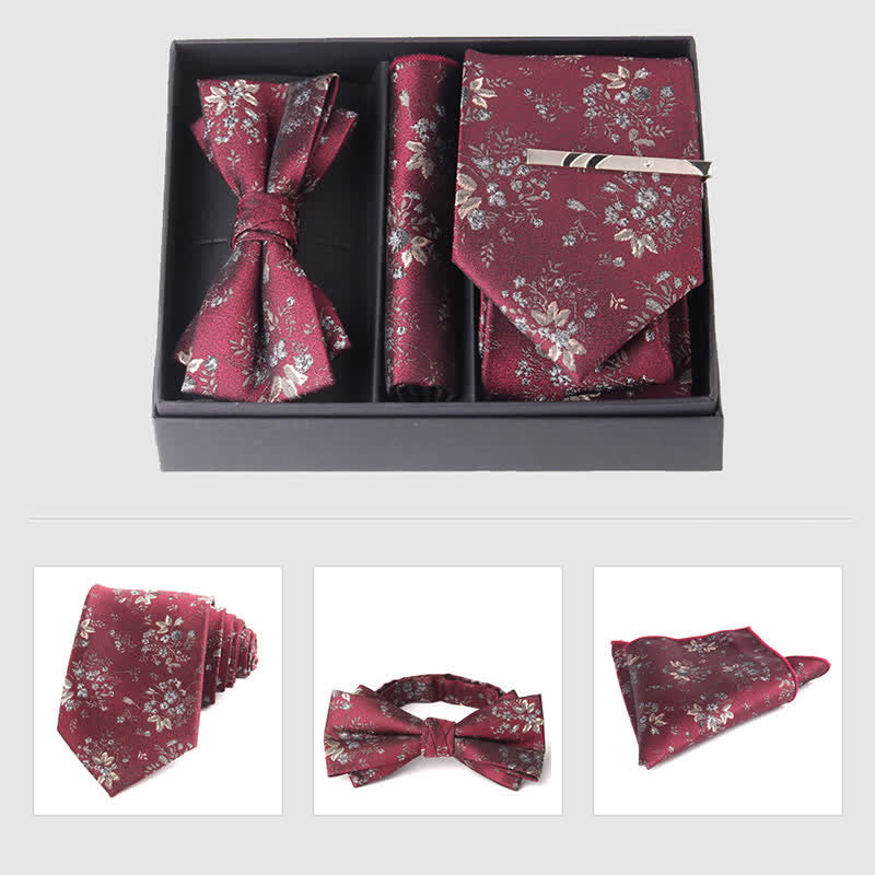 3Pcs Men's Burgundy Series Pocket Square Necktie Bow Tie Set