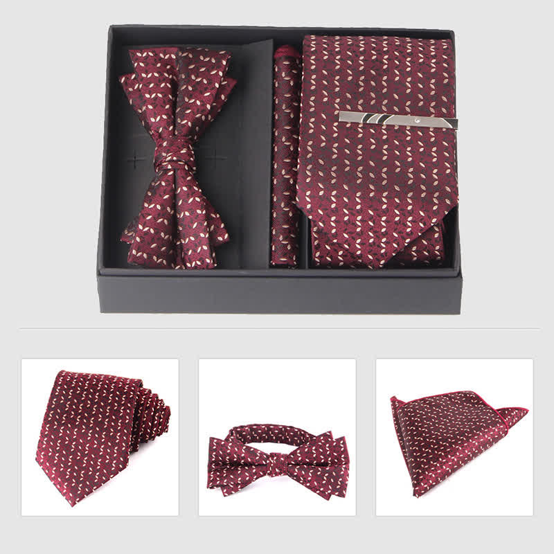 3Pcs Men's Burgundy Series Pocket Square Necktie Bow Tie Set