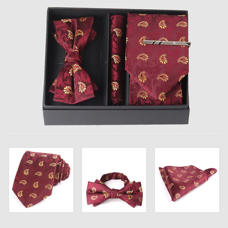 3Pcs Men's Burgundy Series Pocket Square Necktie Bow Tie Set