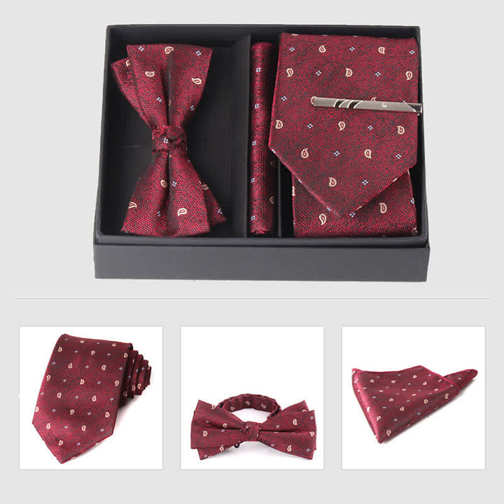 3Pcs Men's Burgundy Series Pocket Square Necktie Bow Tie Set