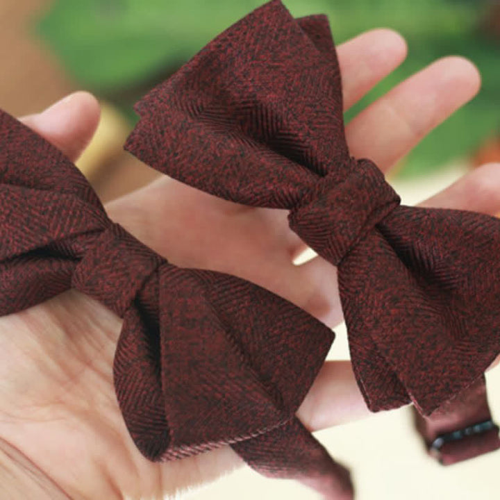 Men's Dark Wine Red British Herringbone Floral Brooch Bow Tie