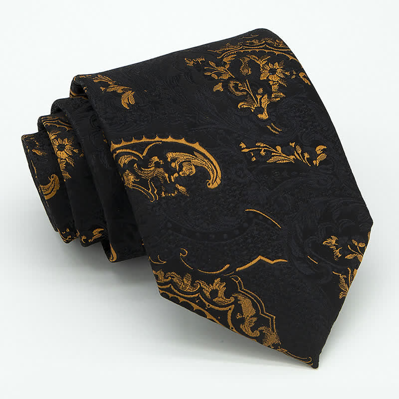 3Pcs Men's Gold & Black Exquisite Paisley Embroidery Necktie Set