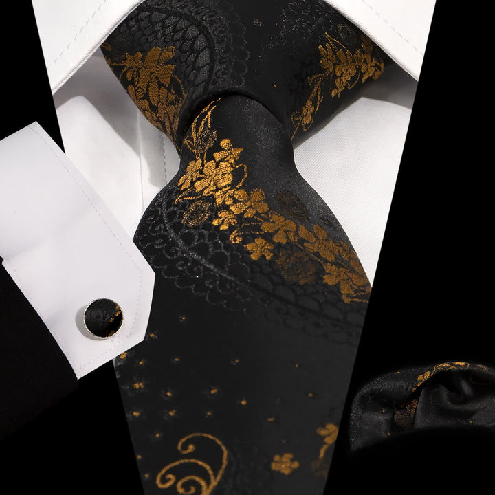 3Pcs Men's Gold & Black Exquisite Paisley Embroidery Necktie Set