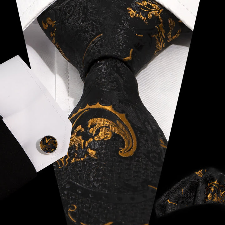 3Pcs Men's Gold & Black Exquisite Paisley Embroidery Necktie Set