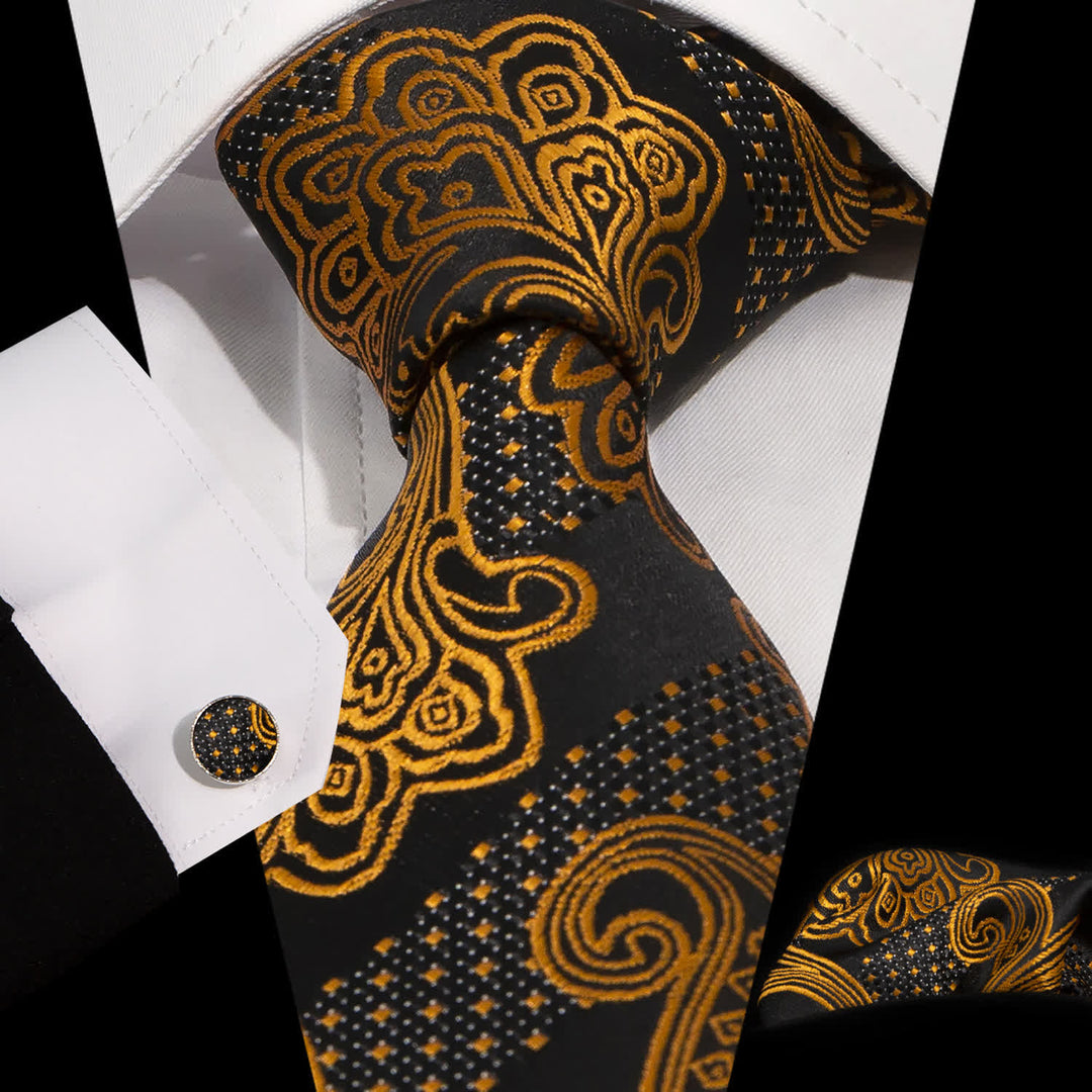 3Pcs Men's Gold & Black Exquisite Paisley Embroidery Necktie Set