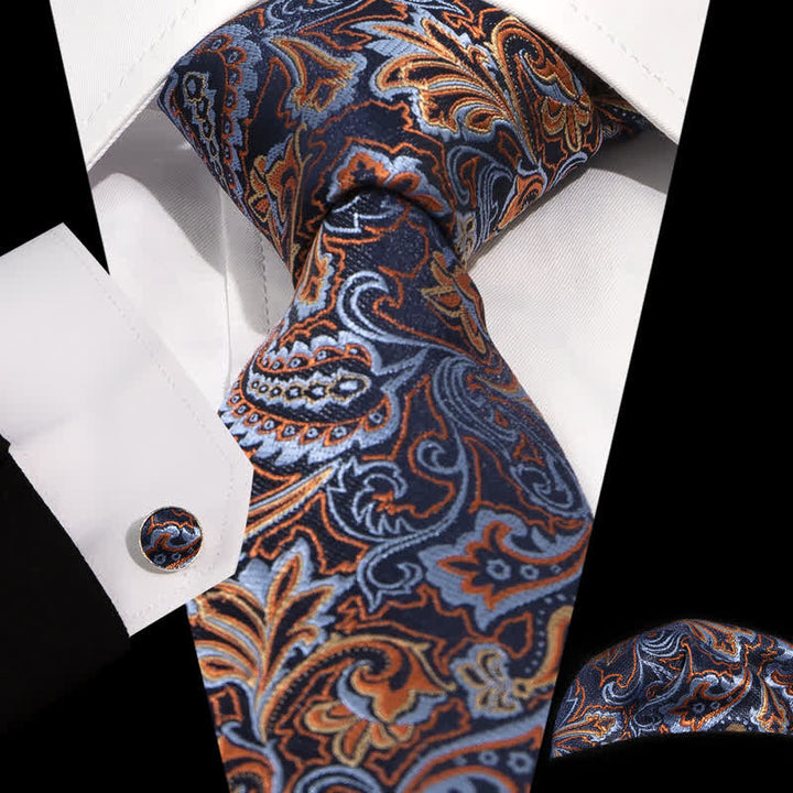 3Pcs Men's Beautiful Blue & Orange Paisley Necktie Set