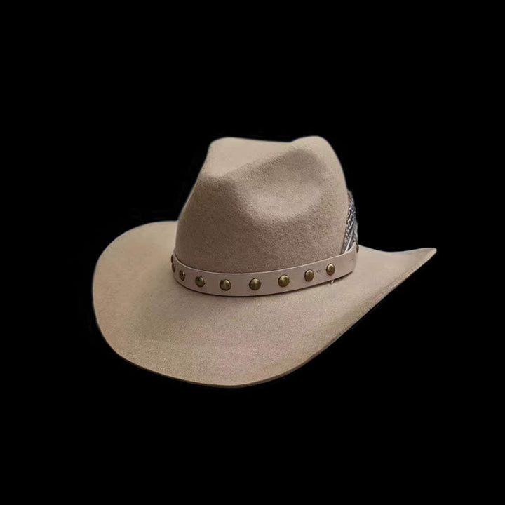 Western Rivets Studded Feather Detailed Cowboy Hat