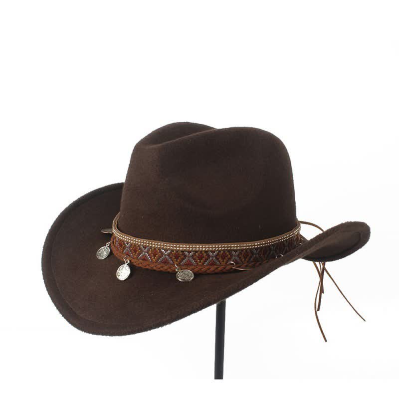 Retro Wide Brimmed Braided Rope Band Cowboy Hat - Coffee - M (22"-22 7/8") - image 0