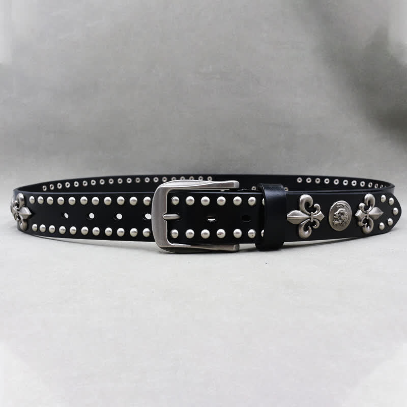 Gothic 2 Row Silver Rivets Skull Studded Leather Belt