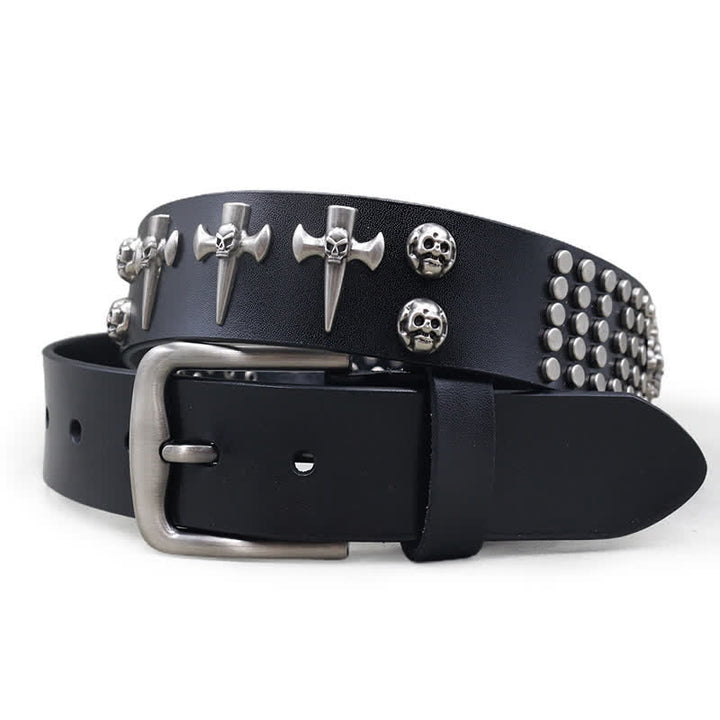 Cross & Skull 3 Row Punk Rock Studded Leather Belt