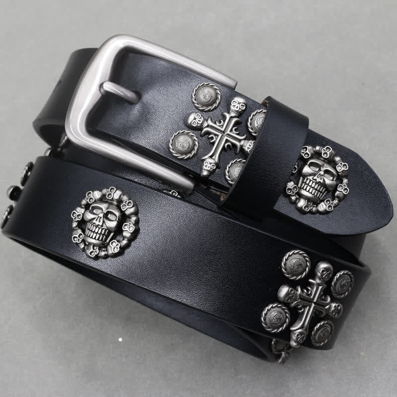 Metal Rivet Skull & Cross Pattern Studded Leather Belt