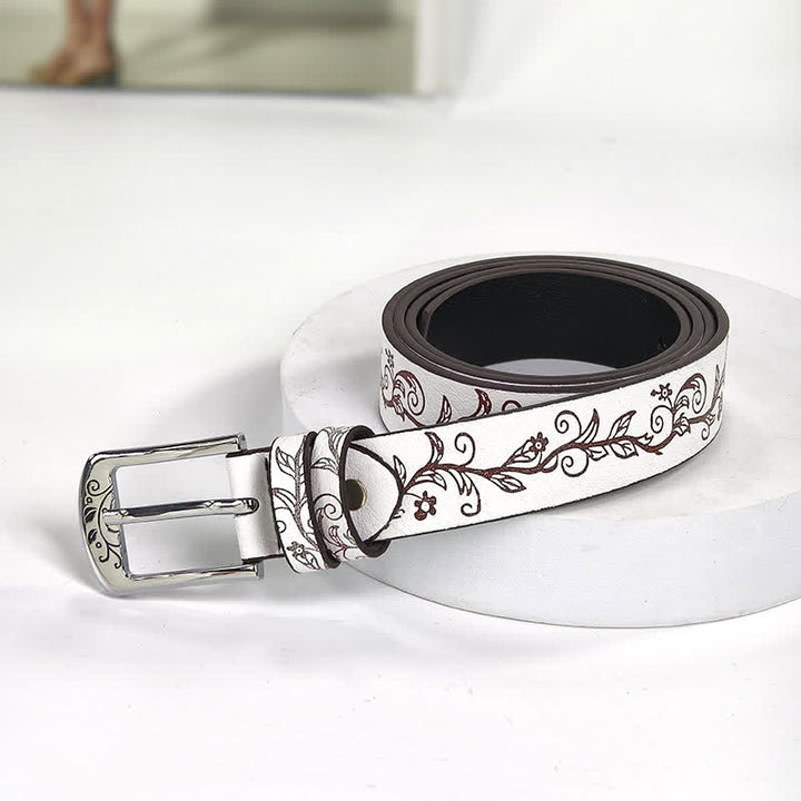 Women's Embossed Leaves Flowers Pattern Leather Belt