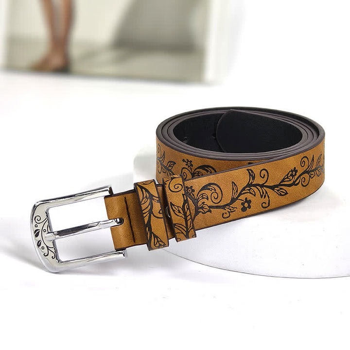 Women's Embossed Leaves Flowers Pattern Leather Belt