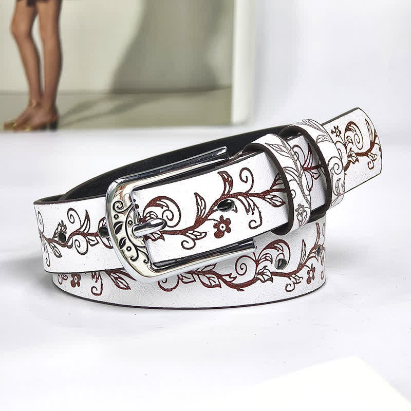 Women's Embossed Leaves Flowers Pattern Leather Belt