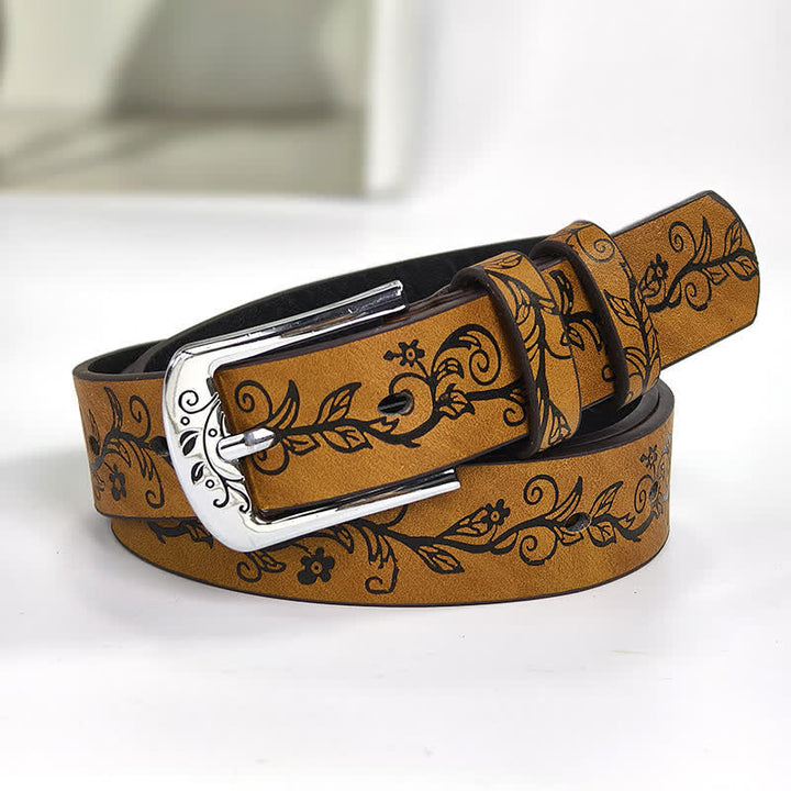 Women's Embossed Leaves Flowers Pattern Leather Belt