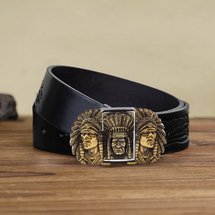 Men's DIY Indian Chief Head Leather Belt with Hidden Lighter