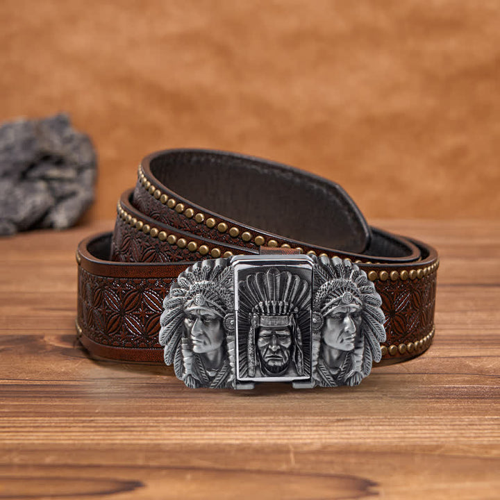 Men's DIY Indian Chief Head Leather Belt with Hidden Lighter