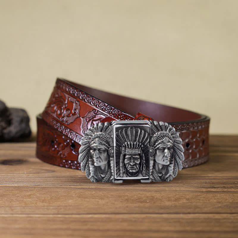 Men's DIY Indian Chief Head Leather Belt with Hidden Lighter