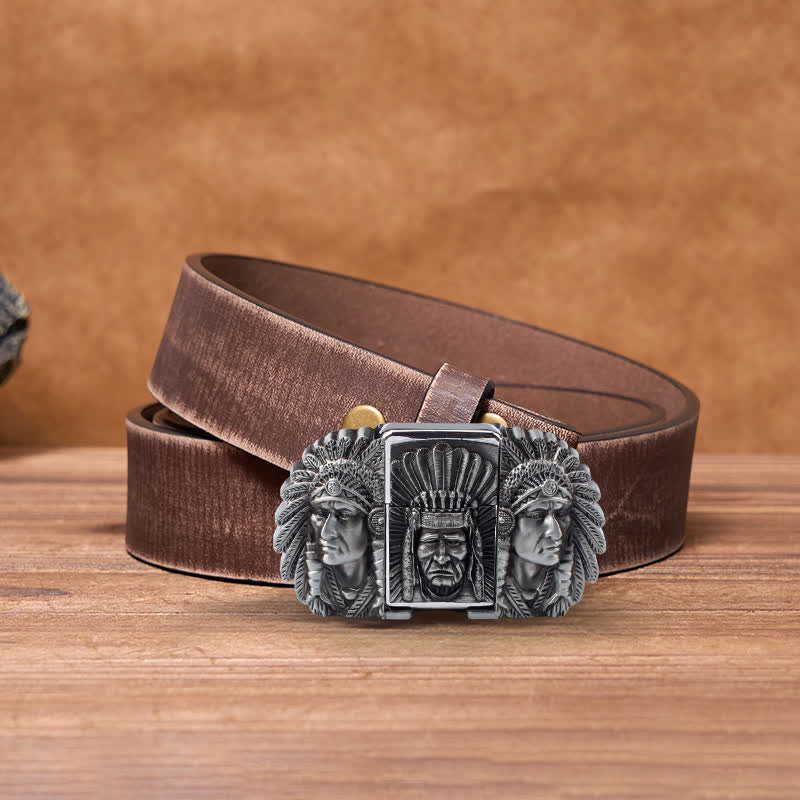 Men's DIY Indian Chief Head Leather Belt with Hidden Lighter