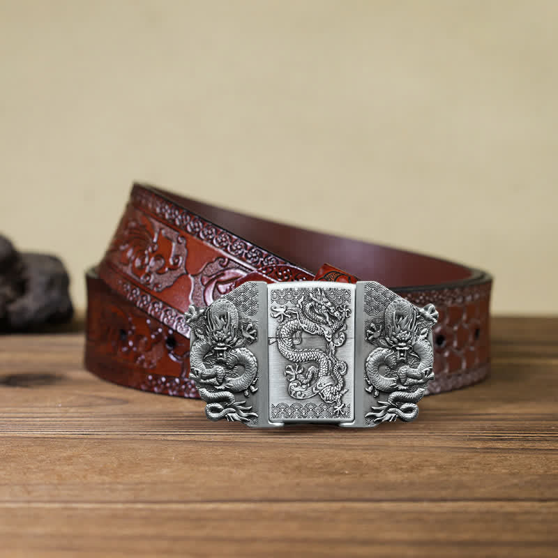 Men's DIY Triple Dragon Leather Belt with Hidden Lighter