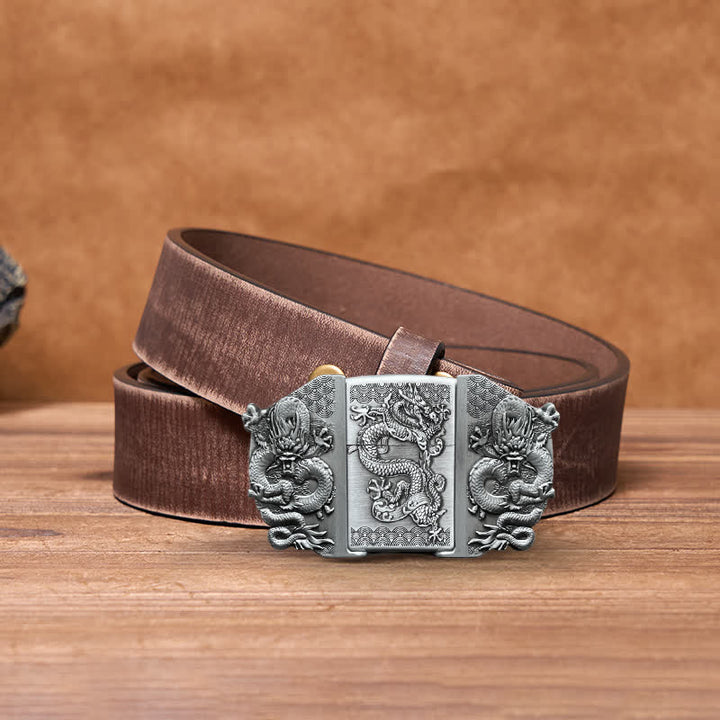 Men's DIY Triple Dragon Leather Belt with Hidden Lighter