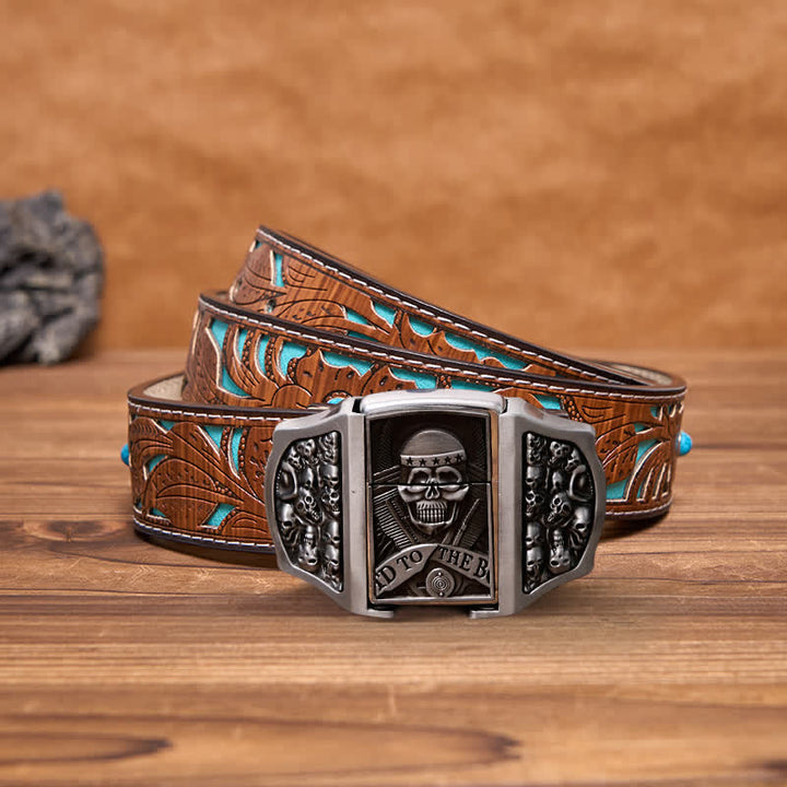 Men's DIY Skull Head Leather Belt with Hidden Lighter