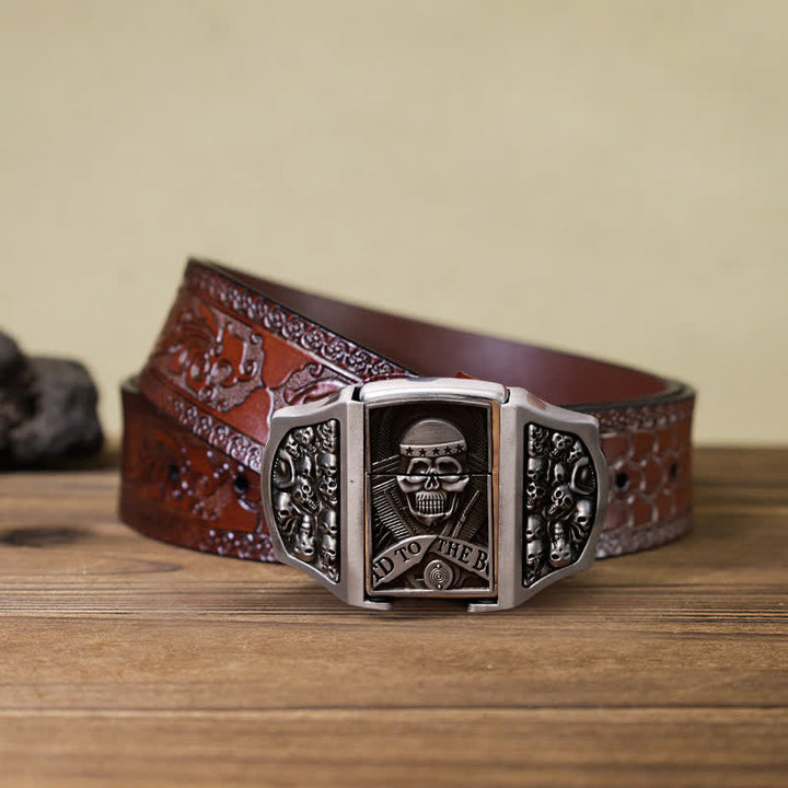 Men's DIY Skull Head Leather Belt with Hidden Lighter