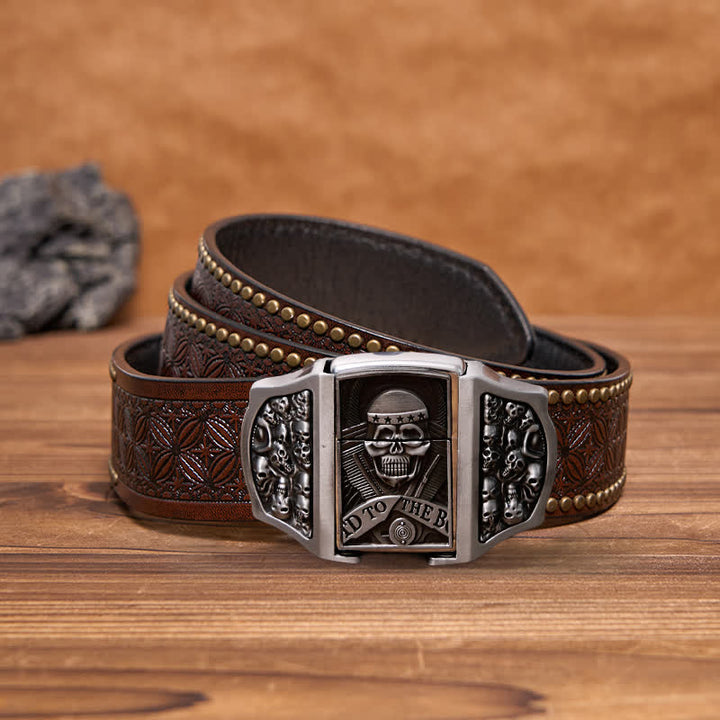 Men's DIY Skull Head Leather Belt with Hidden Lighter