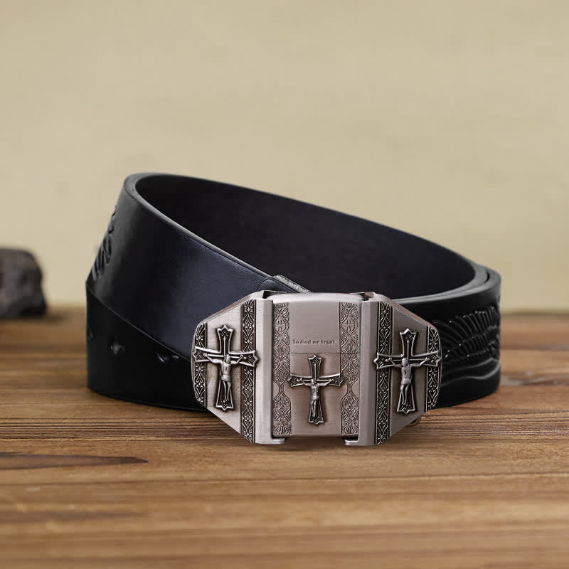 Men's DIY Jesus Cross Leather Belt with Hidden Lighter