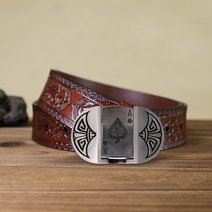 Men's DIY Lucky ACE Poker Leather Belt with Hidden Lighter