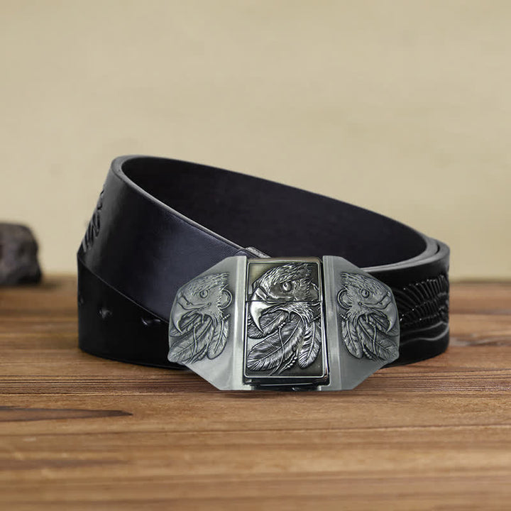 Men's DIY Silver Triple Eagle Leather Belt with Hidden Lighter