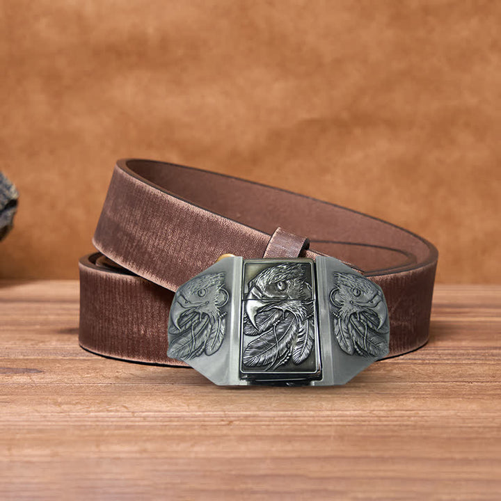 Men's DIY Silver Triple Eagle Leather Belt with Hidden Lighter