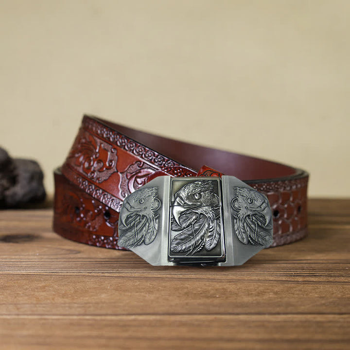 Men's DIY Silver Triple Eagle Leather Belt with Hidden Lighter