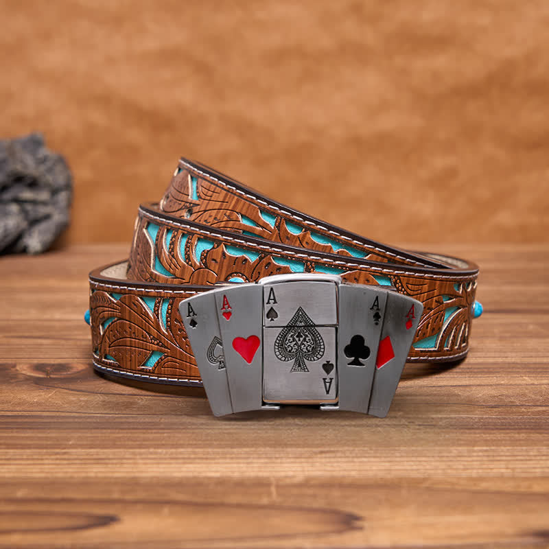 Men's DIY 4 Aces Poker Leather Belt with Hidden Lighter