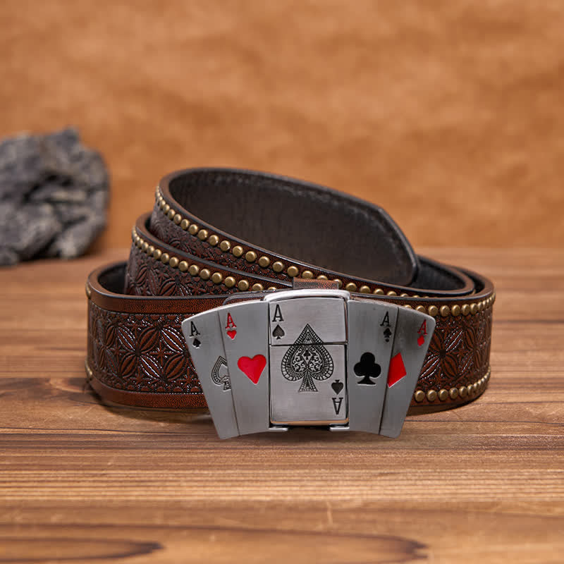 Men's DIY 4 Aces Poker Leather Belt with Hidden Lighter