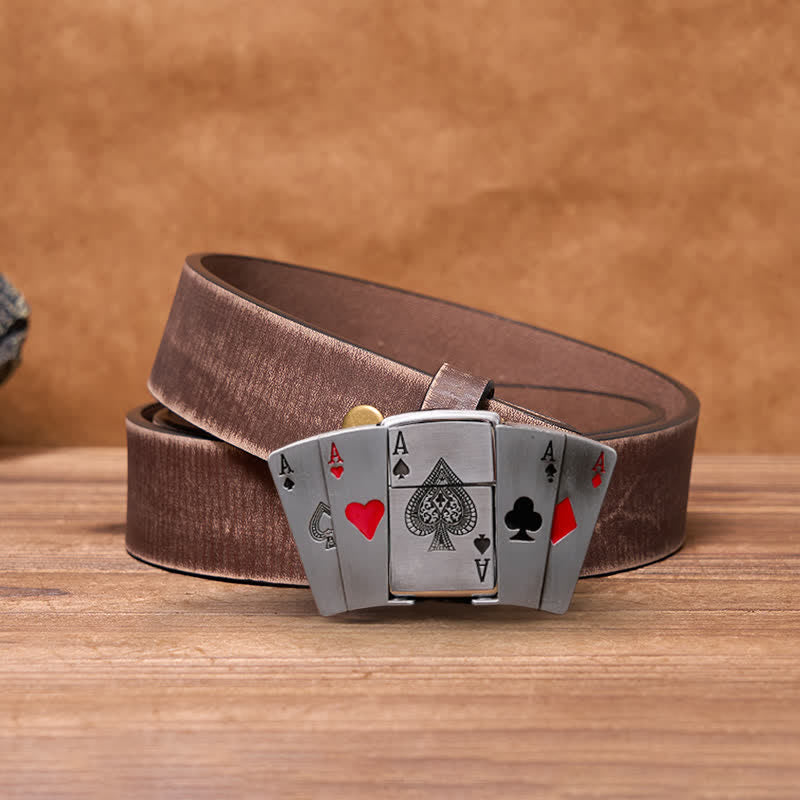 Men's DIY 4 Aces Poker Leather Belt with Hidden Lighter