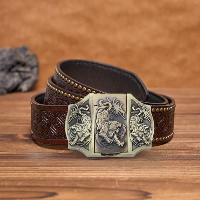 Men's DIY Bronze Triple Tiger Leather Belt with Hidden Lighter