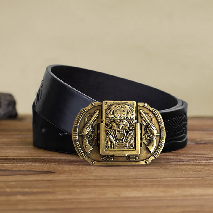 Men's DIY Bronze Tiger Wildlife Leather Belt with Hidden Lighter