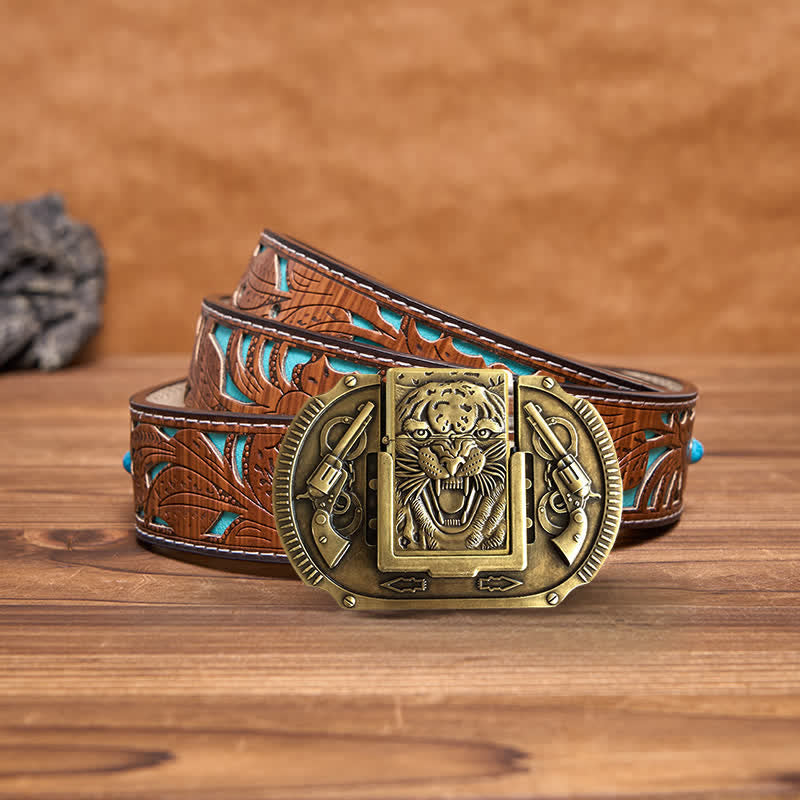 Men's DIY Bronze Tiger Wildlife Leather Belt with Hidden Lighter