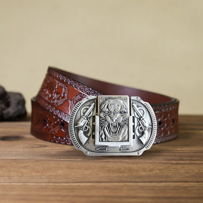 Men's DIY Silver Tiger Wildlife Leather Belt with Hidden Lighter