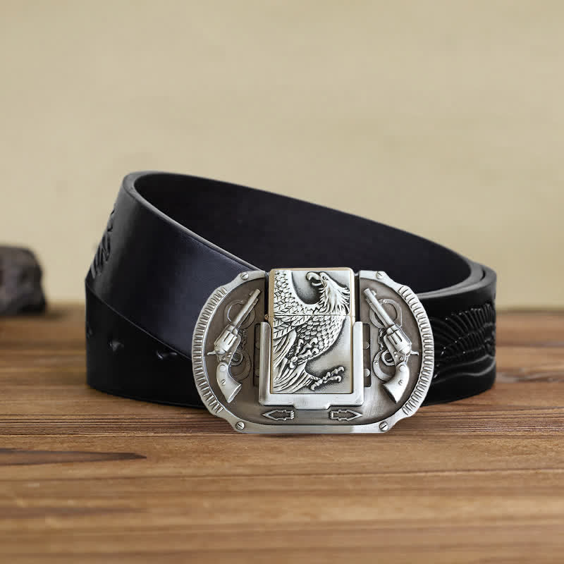 Men's DIY Silver Eagle Guns Leather Belt with Hidden Lighter