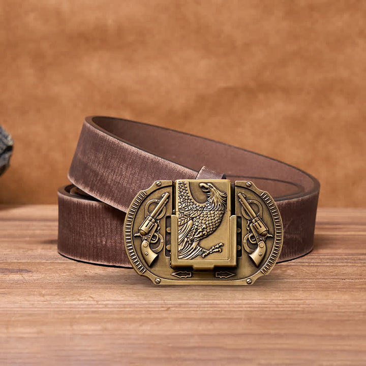 Men's DIY Bronze Eagle Guns Leather Belt with Hidden Lighter