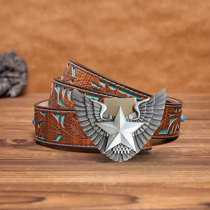 Men's DIY Angel Wing Star Leather Belt with Hidden Lighter