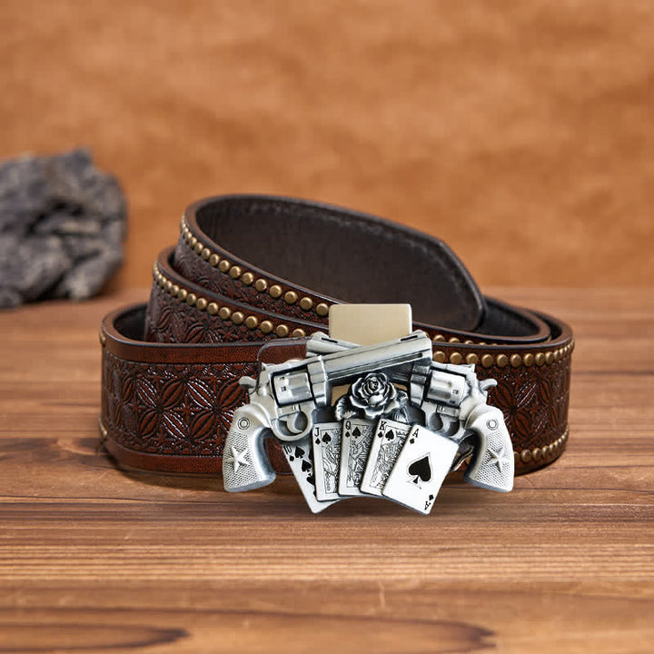 Men's DIY Double Pistol Poker Leather Belt with Hidden Lighter