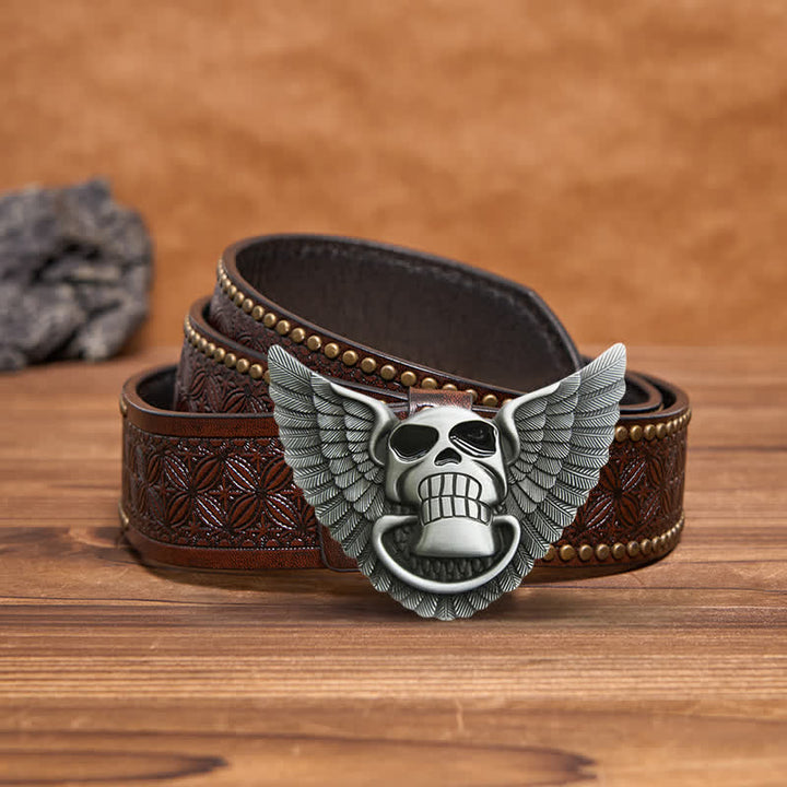 Men's DIY Skull Angel Wings Leather Belt with Hidden Lighter