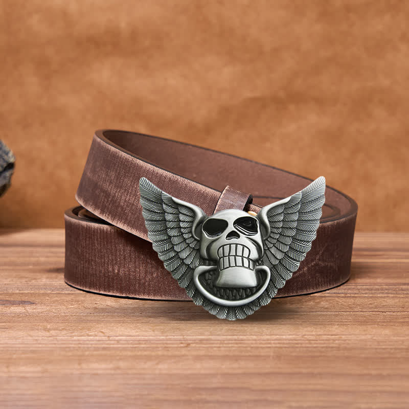 Men's DIY Skull Angel Wings Leather Belt with Hidden Lighter