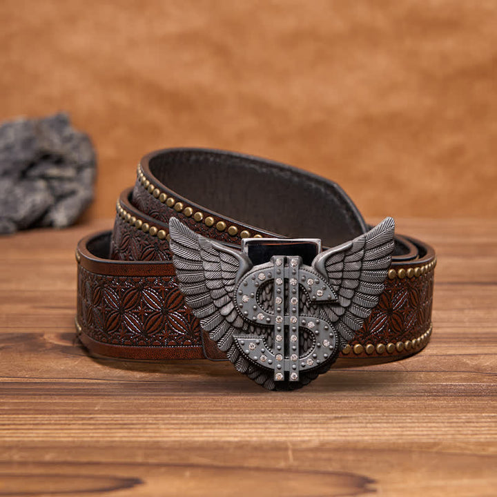 Men's DIY Wings Dollar Sign Leather Belt with Hidden Lighter