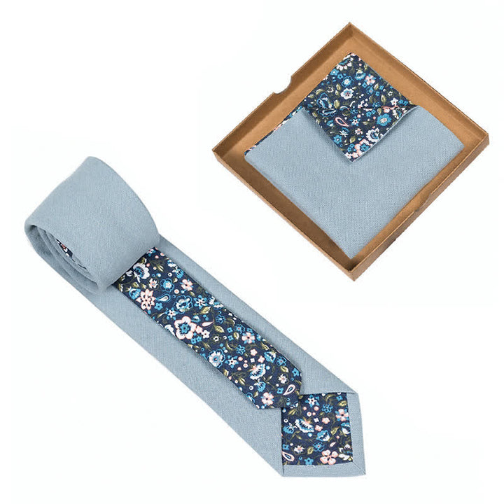 2Pcs Men's Dusty Blue Cotton Patchwork Floral Necktie Set