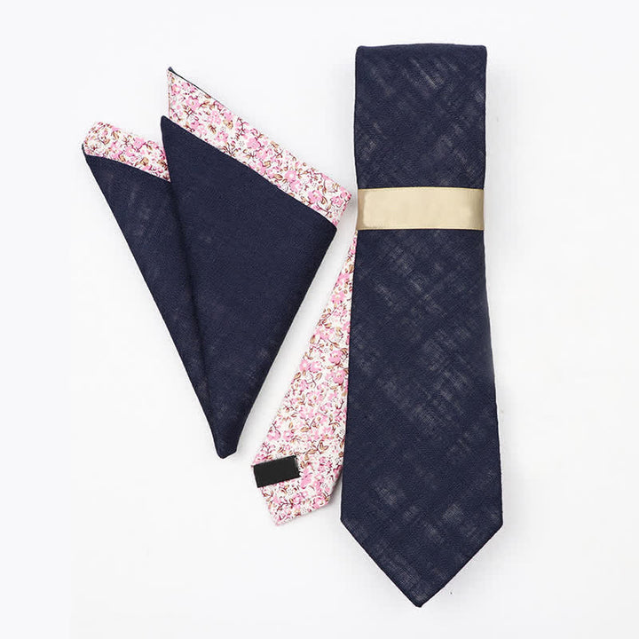 2Pcs Men's Dark Navy Cotton Patchwork Floral Necktie Set